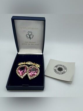 Vtg Smithsonian Double Heart Brooch Ireland Sterling Silver Crystal Pin